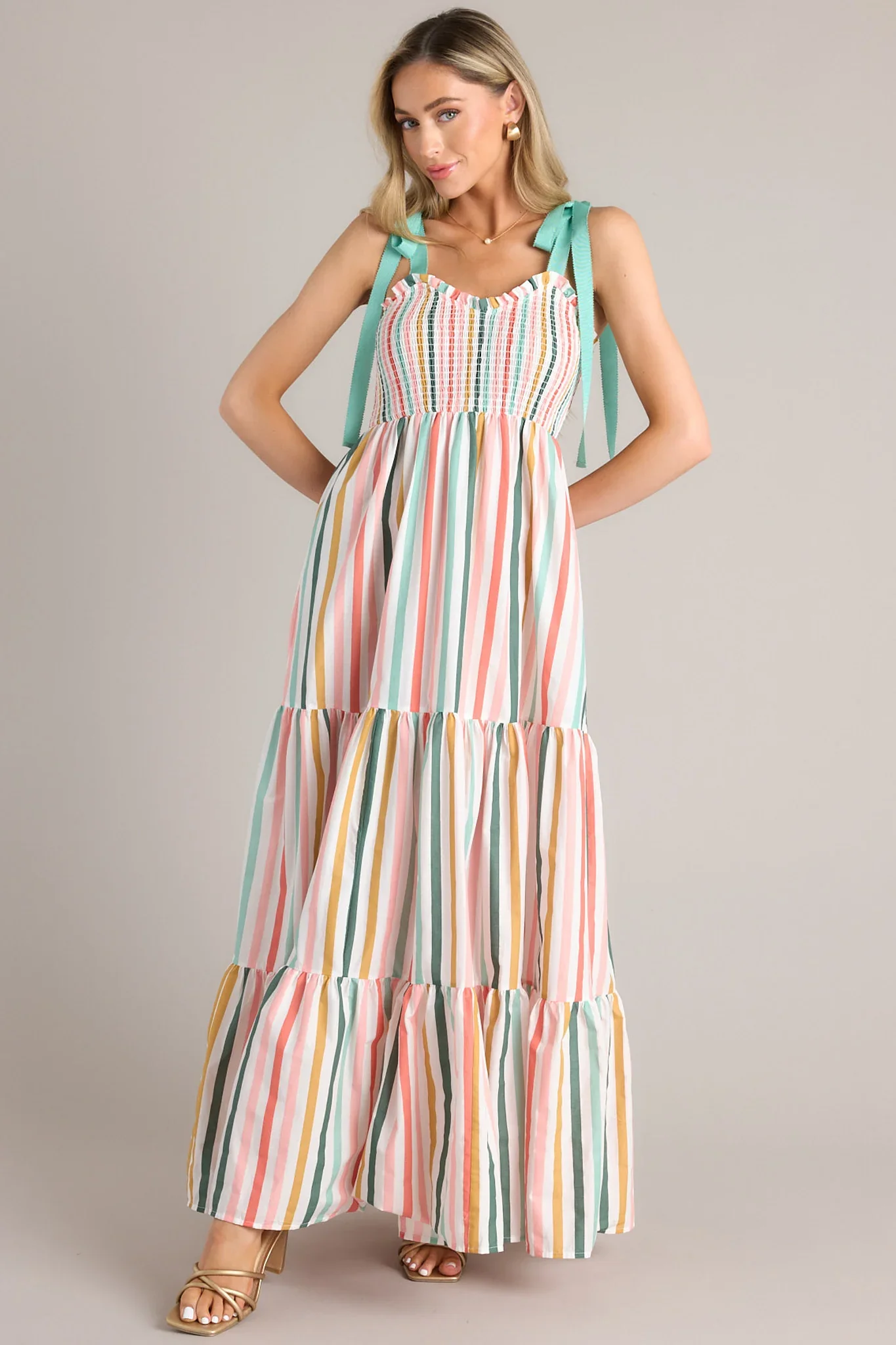 

Summer Women's Tie Spaghetti Strap Dress Stripe Print V-Neck Shirred Detail Long Flowy Dress for Beach Sundress