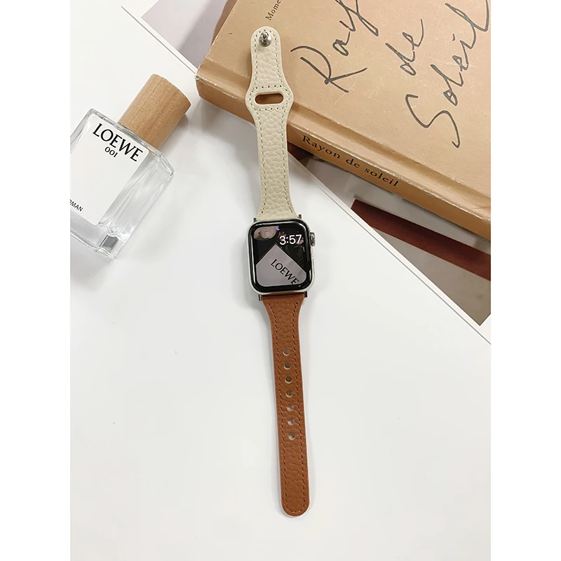 Slim Leather Strap for Apple Watch Series 7 Accessories 45mm 44mm 41 38 Elegant Bracelet for iWatch Series 9 8 SE 6 5 Ultra 49mm