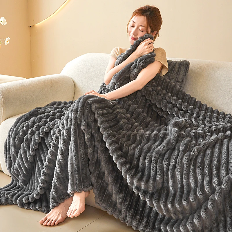 Warm and comfortable striped flannel blanket, faux rabbit fur blanket, soft and warm sofa blanket, ideal for napping, office use image 6