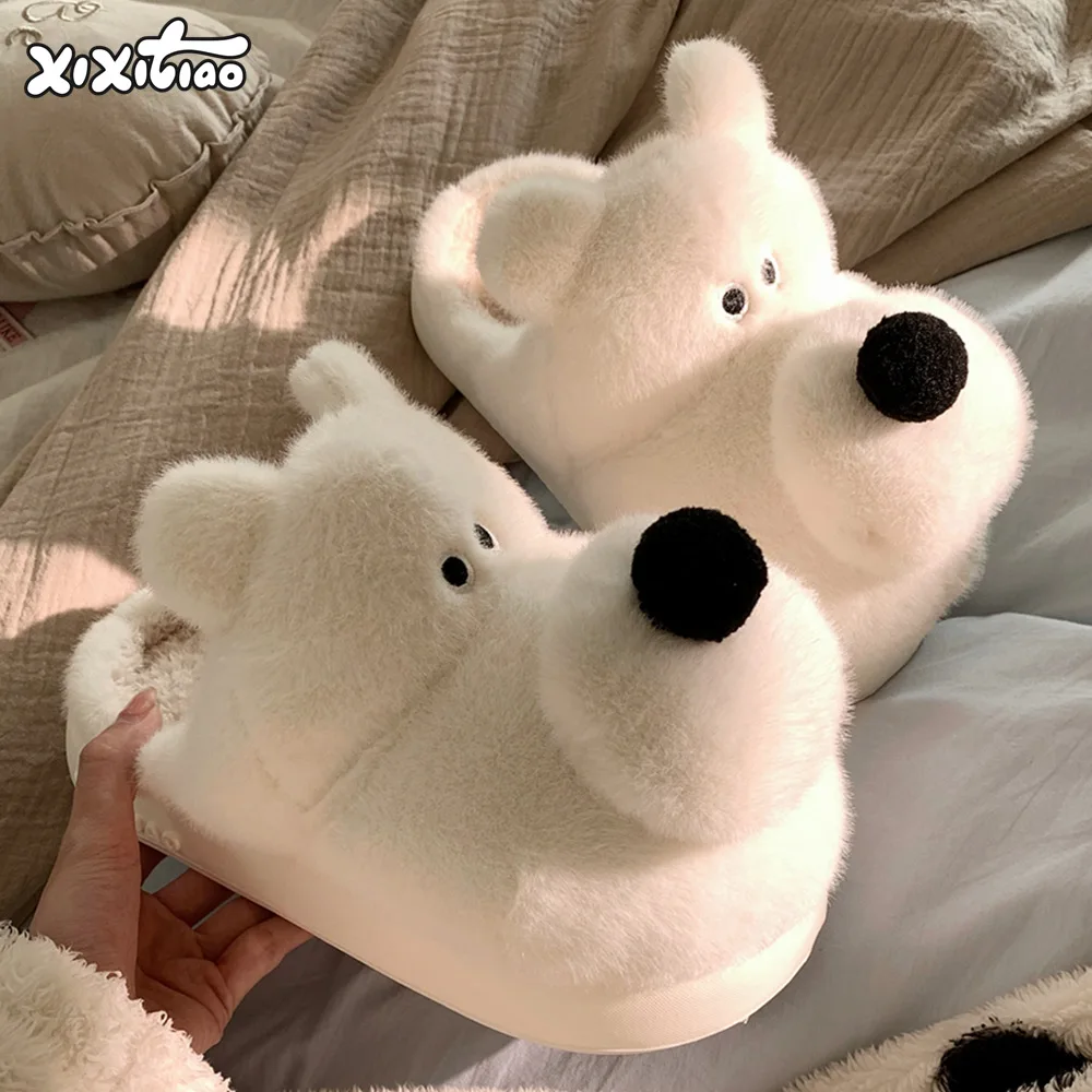 

Зимние парные тапочки с рисунком собаки, уютная домашняя обувь на плюшевой флисовой подкладке для женщин и мужчин, нескользящая домашняя и уличная теплая домашняя обувь