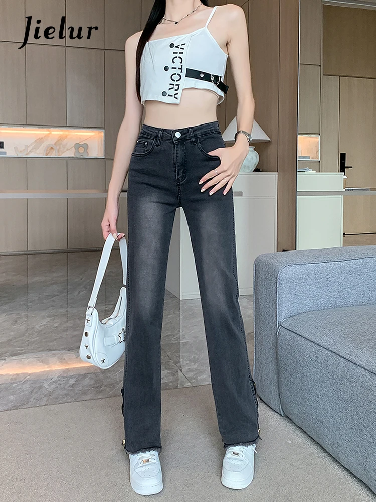 

Jielur Vintage Casual Jeans Women High-waist Zipper Split Denim Pants Female Balck Grey Y2k Jeans Korean Fashion Straight Jeans