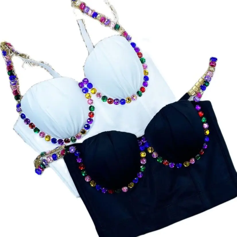 

Colorful gems beaded bra for Women underwired Push Up Bustier Bra Camisole Sexy Backless Cropped Top female tank top Y4241