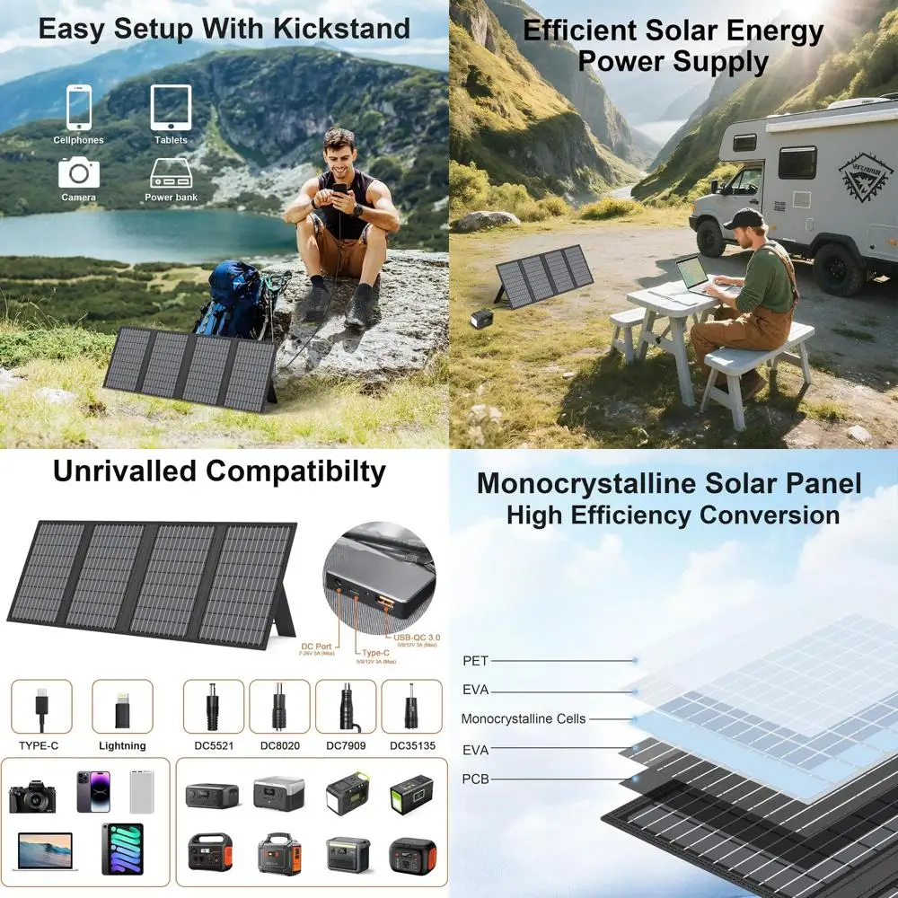 

60W Portable Solar Panels with USB-C, USB-A, and DC Outputs - Waterproof for Outdoor Camping, Hiking, Emergency Power, and Porta