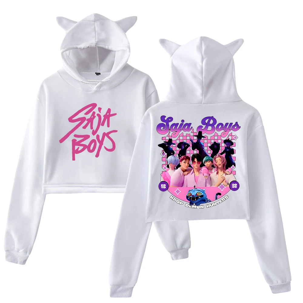 KPop Demon Hunters Saja Boys Merch Hoodie 2025 ภาพยนตร์การ์ตูนแมวหูHooded SweatshirtแขนยาวCrop Topผู้หญิงเสื้อผ้า