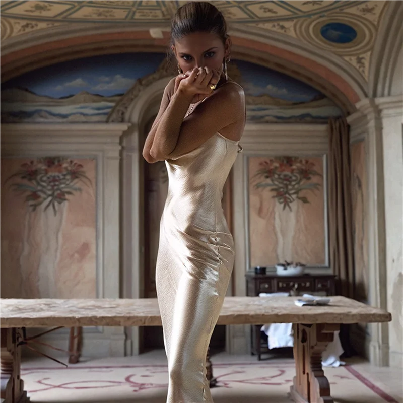 【SEE】Damen-Kleid mit Spaghettiträgern, Midi-Satin und Seide, Slip-Cocktail-Abendkleid mit Wasserfallausschnitt