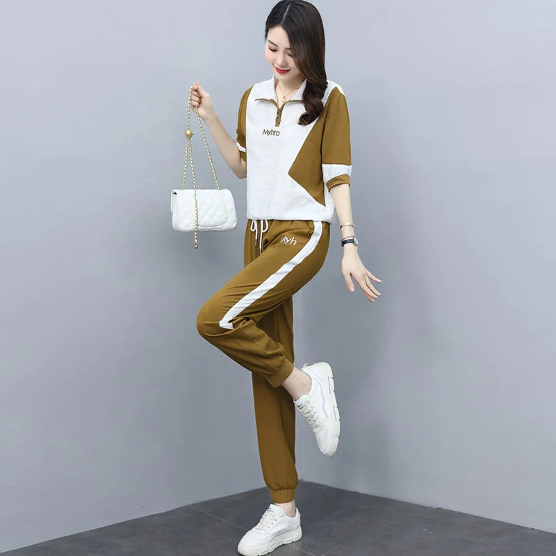 Women's Leisure Sweat Suit 2022 Summer New Clothes Fashion Korean Ice Silk Loose Half Sleeve T-shirt Top And Pants Two Piece Set