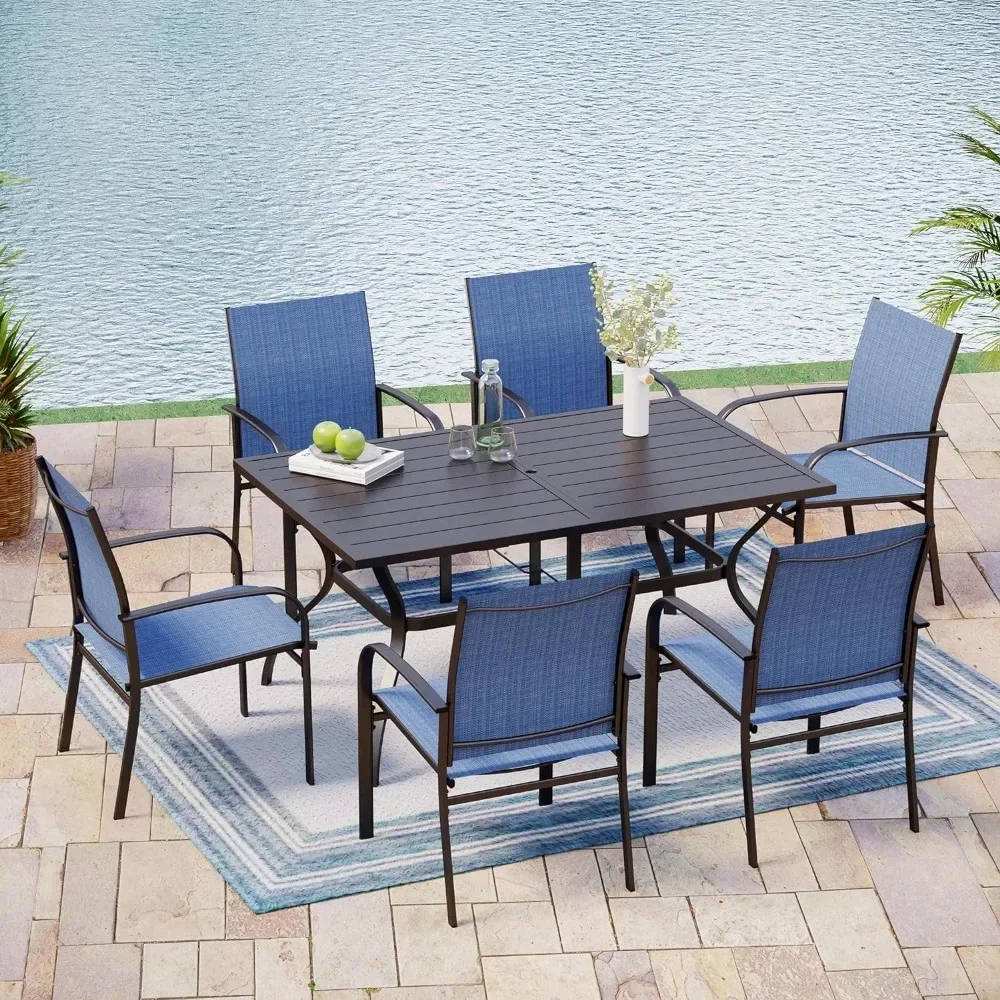 

XMSJ Patio Furniture Sets, 7 Piece Furniture Set with 6 Blue Textilene Chairs and Metal Rectangular Table, Outdoor Furniture Set