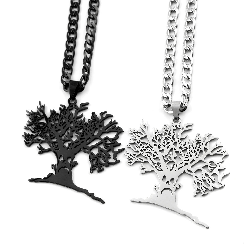 Gotische Hohlschädel-Lebensbaum-Anhänger-Halskette für Damen und Herren aus Edelstahl in Silberfarbe mit Gruseliger Baumkette – Detail 5