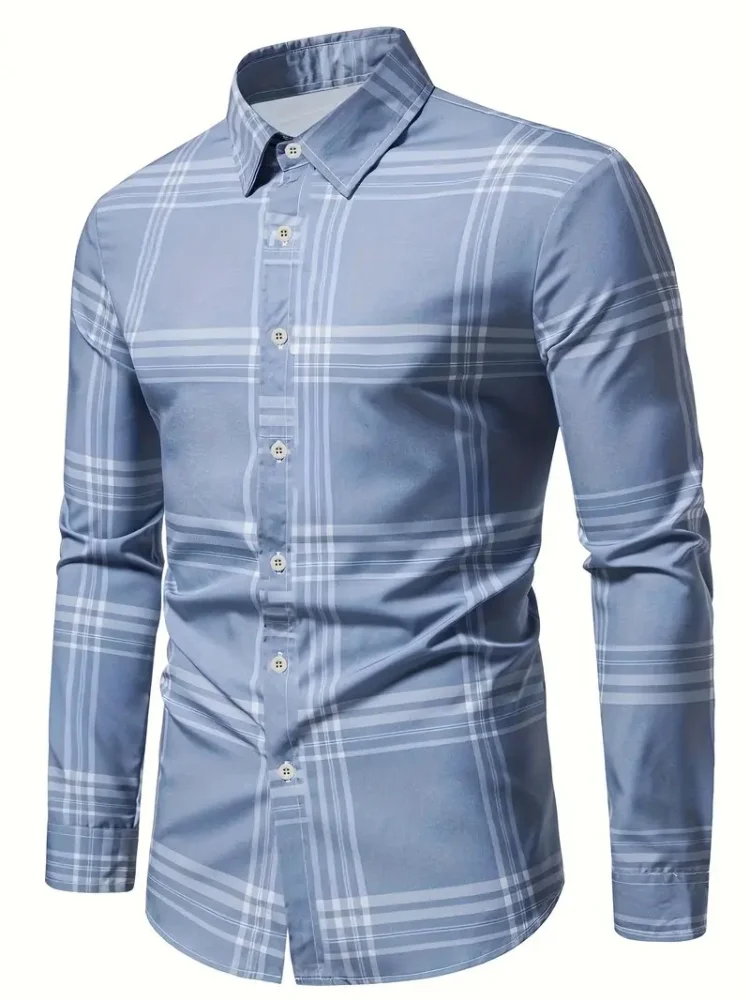 2025 nueva camisa informal a cuadros de manga larga con cuello levantado para hombre, ropa de moda para viajes de negocios para las cuatro estaciones