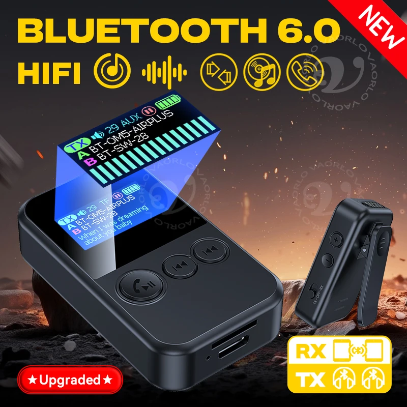 CLIP-ON Bluetooth 6.0 Audio Transmitter Receiver Color LED Display 3.5mm AUX TF HIFI Music Dual Stream Wireless Adapter With Mic