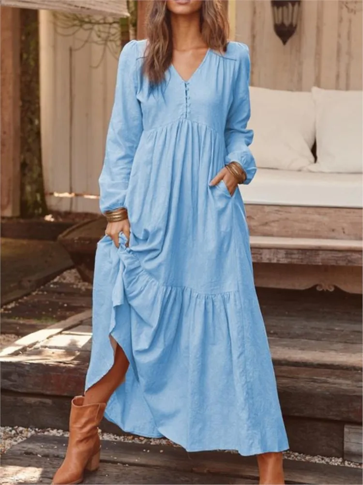 V-neck Long-sleeved Button-down Dress For Women In Fashion Autumn Winter Solid Color Loose Casual Party Simple Dress Female