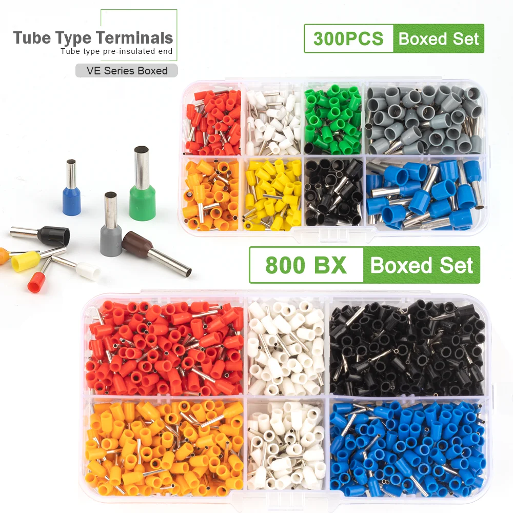 

300/800PCS Boxed VE Tubular Crimp Terminals Cable Insulated Terminator Block Electrical Wire Cord End Tube Terminal Connector