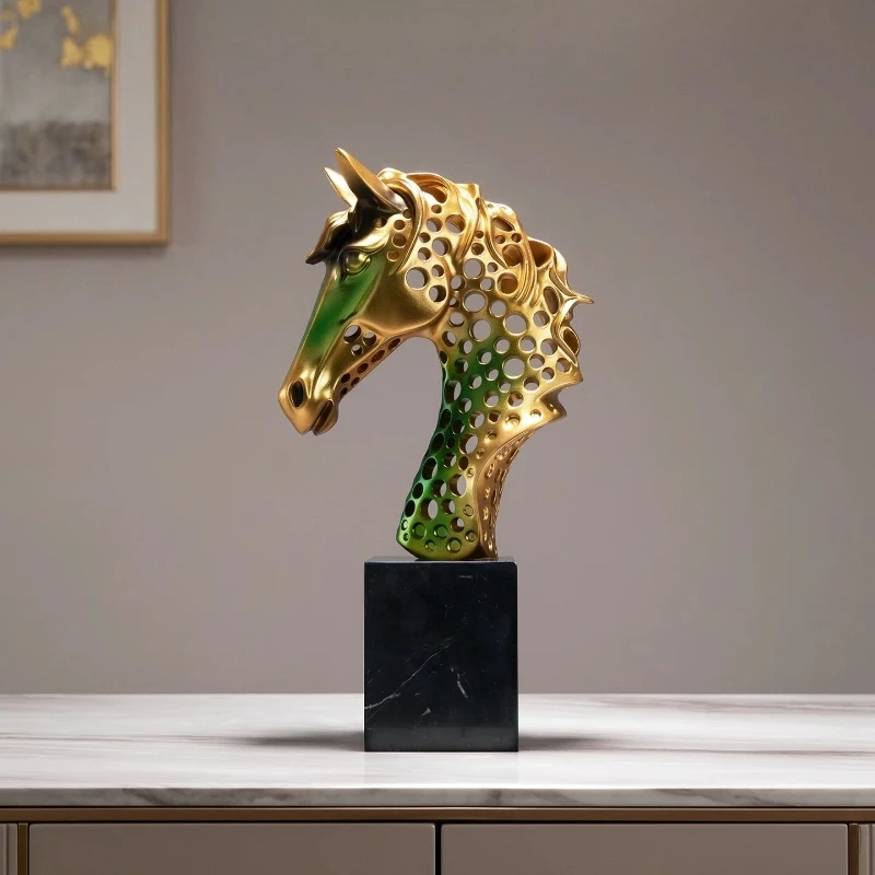 Hollowed Out Horse Head Sculpture Art Ornament Wealth Feng Shui Livingroom Entrance Wine Cabinet High-end Office Desk Decoration