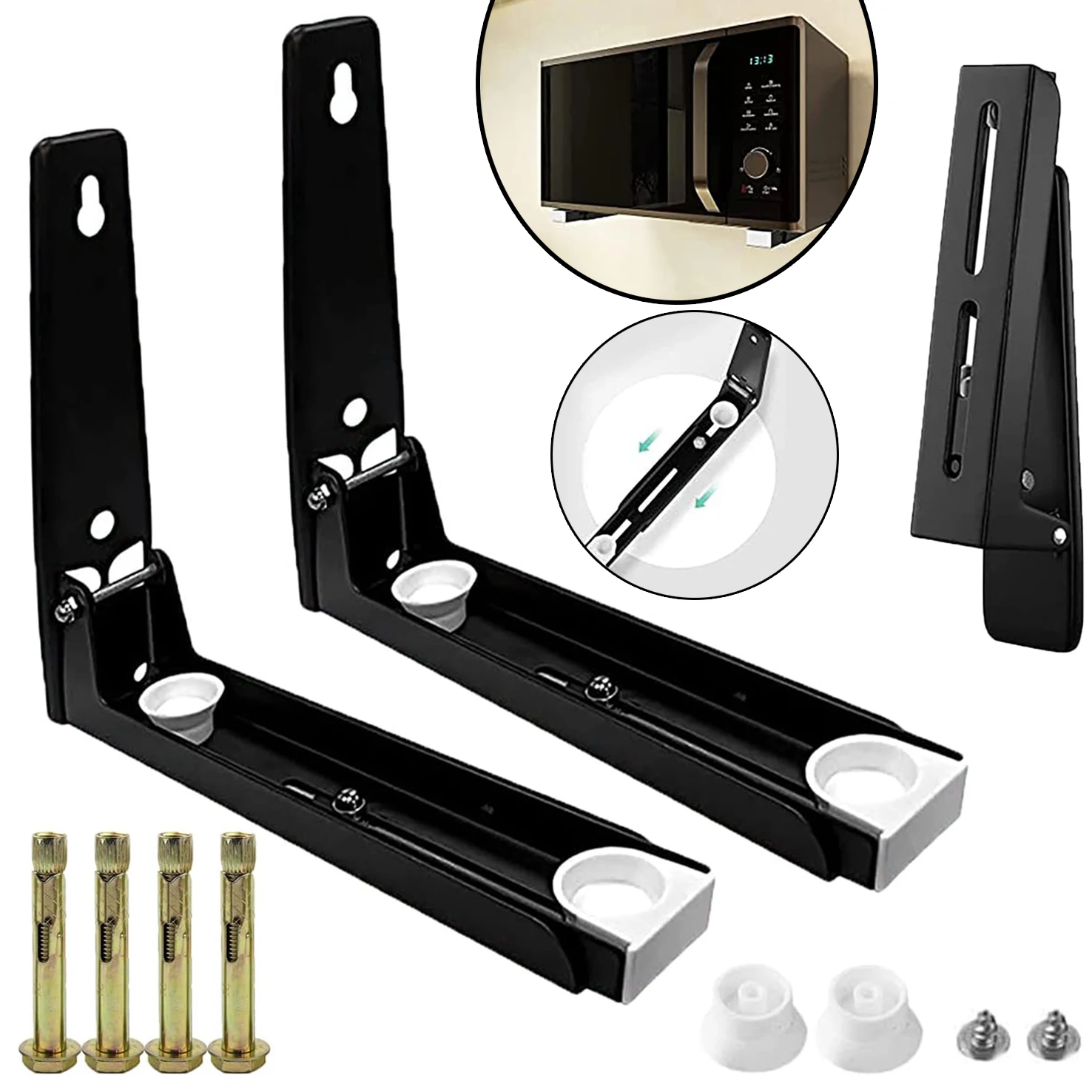 Supporto universale in acciaio inossidabile per forno a microonde, da fissare a parete, colore nero, braccio regolabile e pieghevole, scaffale estensibile per forno da cucina, portata 40 kg.