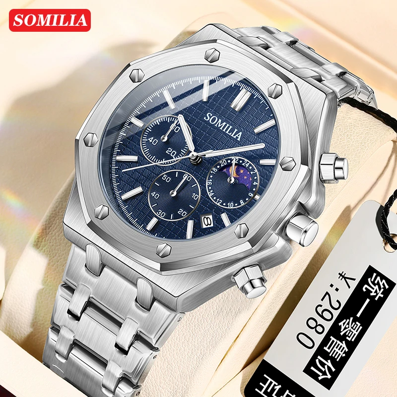 SOMILIA 2311 Business Luxury Men's Three Eye Six Needle Quartz Watch Multi functional Moonphase Fashion Men's Watch