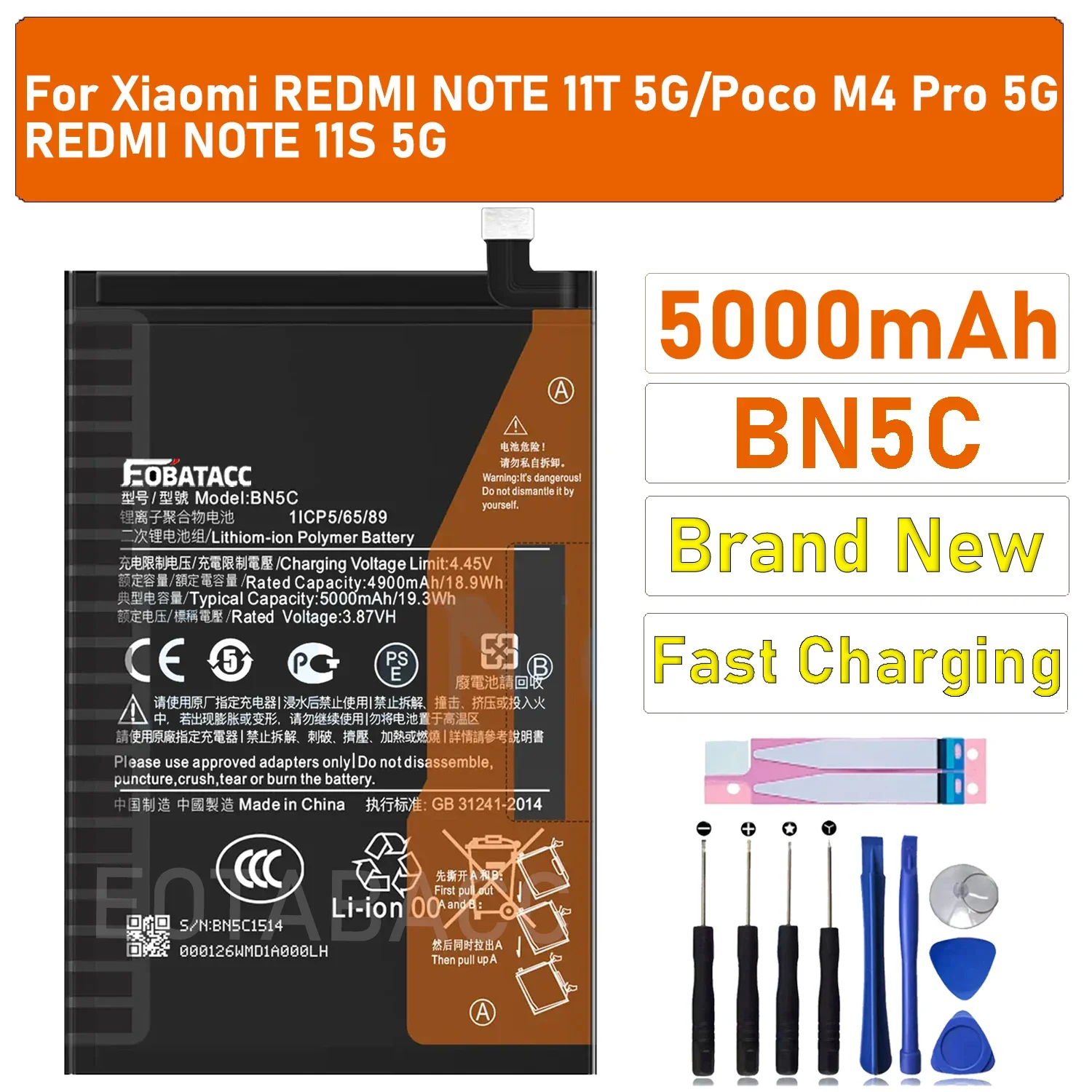 2025 Years EOBATACC 100% New  Battery BN5C For Xiaomi Poco M4 Pro 5G 5000mAh High Qulity Phone Battery Bateria + Tools