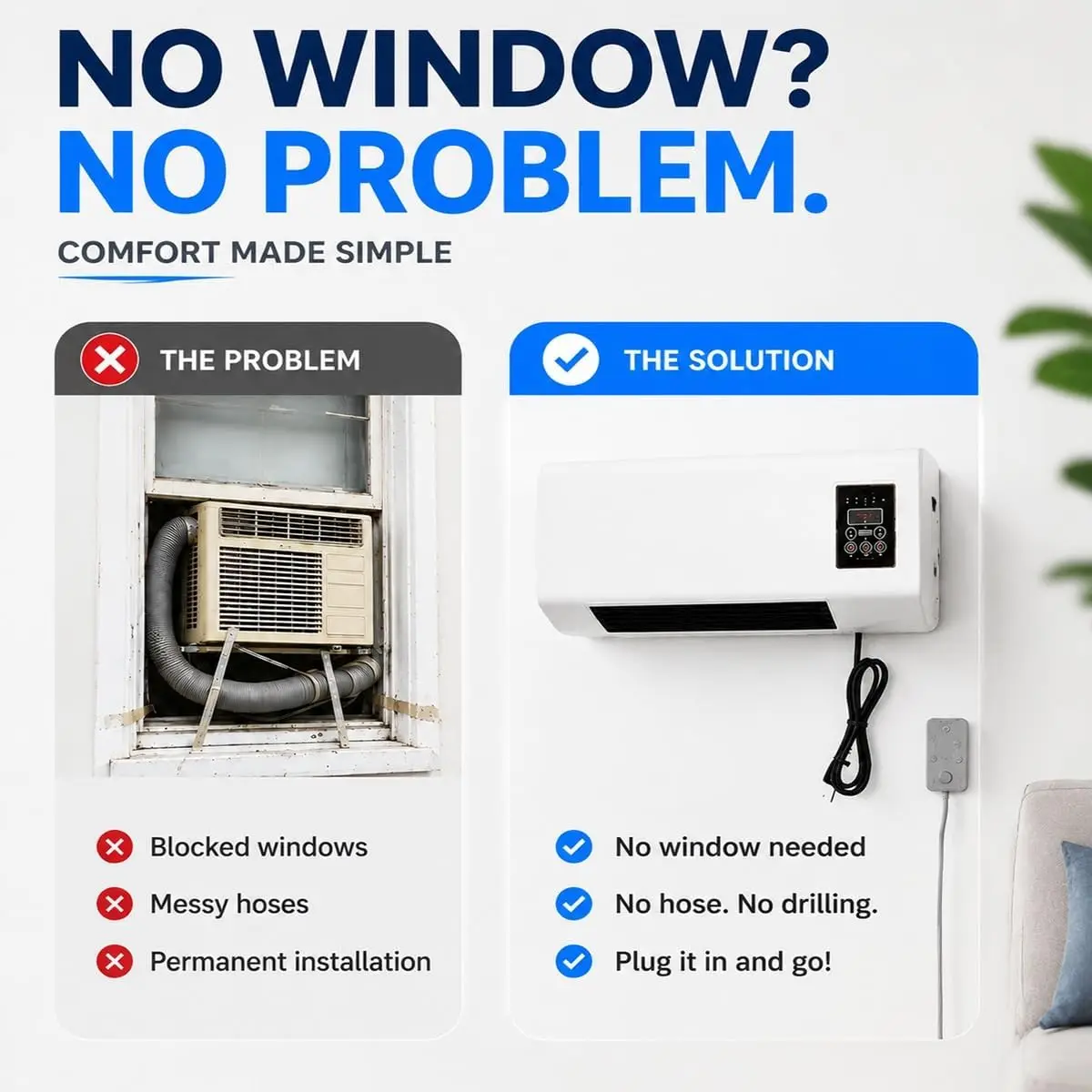 Ductless Air Conditioner Fan Wall Mounted Small AC Unit 2-in-1 Heater Combo| Cooling Combo Portable Wall Air Conditioner with Remote, Airflow Indoor Heater for Garage Rv Bathroom(White)