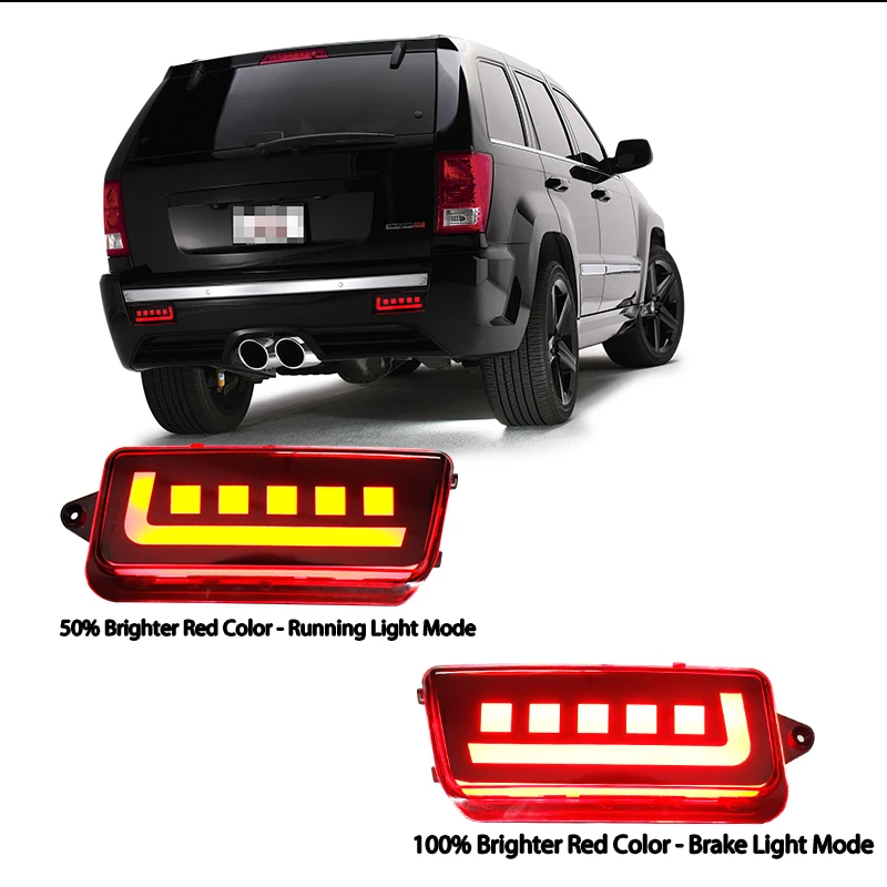 For 2005-2010 Jeep Grand Cherokee Full LED Bumper Reflector Lights Function as Tail, Brake Rear Fog Lamps and Turn Signal Light