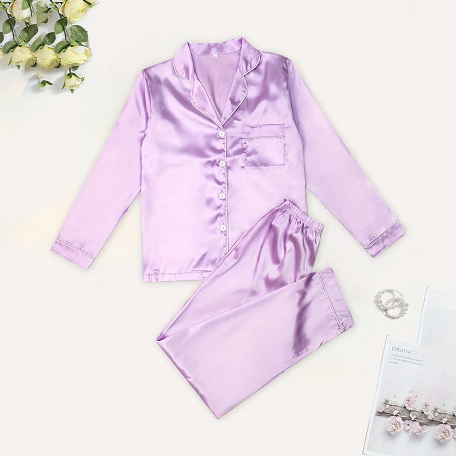 Women's Satin Home Suits Cardigan Lapel Imitation Silk Long Sleeve Pajamas Two Piece Sets Solid Color Loose Casual Sleepwear