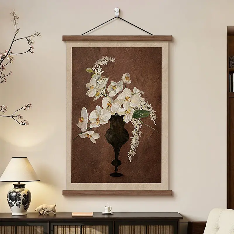 Wall Art Home Decor French Vintage Flower Vase Painting Black Walnut Hanging Scroll Elegant Floral Art for Living Room Entryway