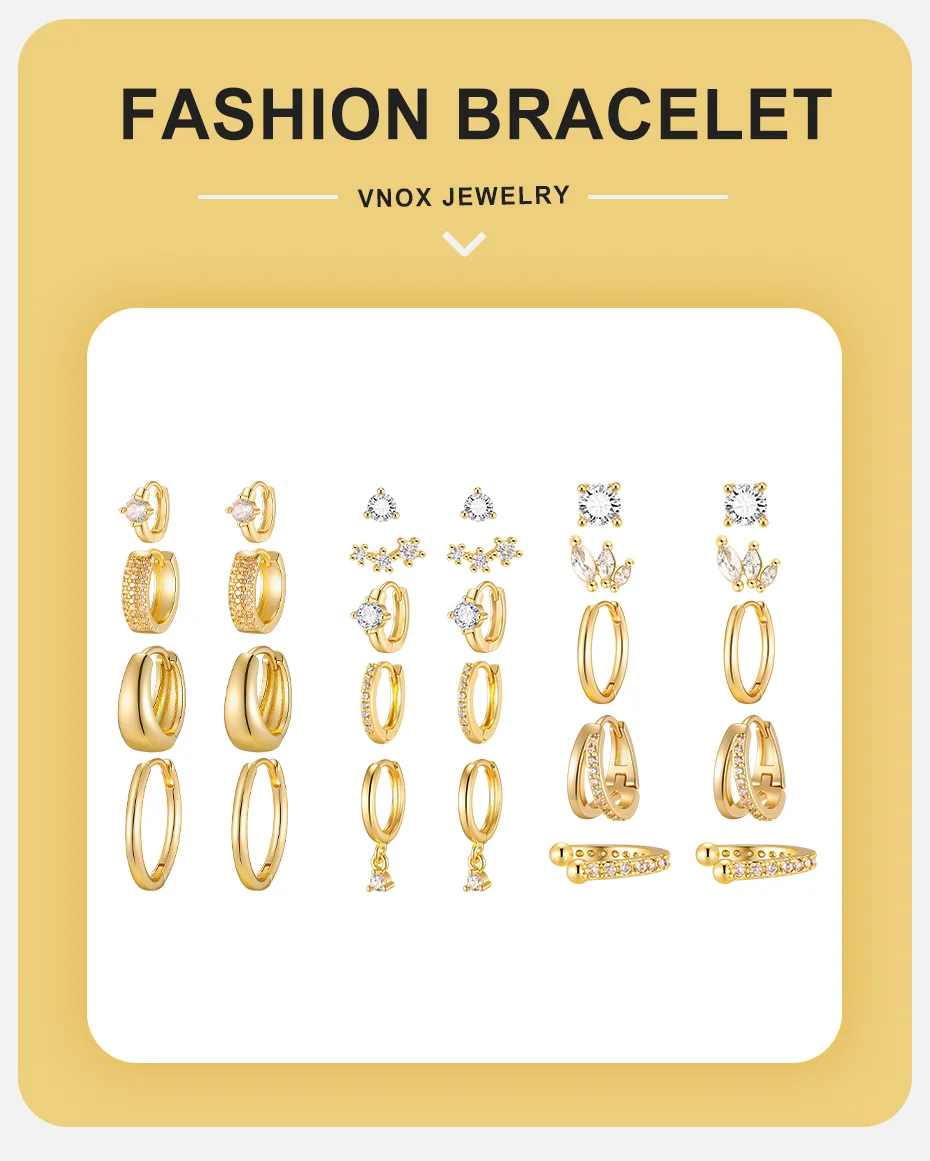 Vnox Elegantes Creolen-Set für Damen, vergoldet, glänzende Zirkon-Ohrstecker, C-förmige Ohrklemme, Statement-Schmuck für trendige Partys – Detail 1