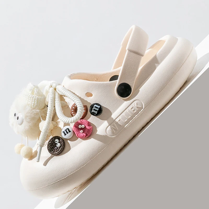 New Lovely Girls Strap Plush Ball EVA Garden Shoes Female Students Non-slip Beach Sandals Thick Soled Outdoor Slippers