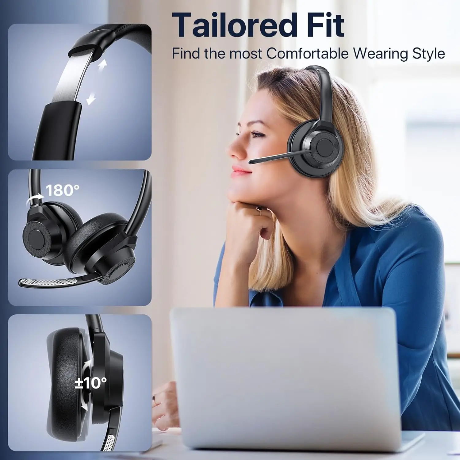 Bluetooth-Headset, kabellose Bluetooth V5.4-Kopfhörer mit Mikrofon, kabelloses Multipoint Connect-Headset mit Geräuschunterdrückung und Mikrofon – Detail 21