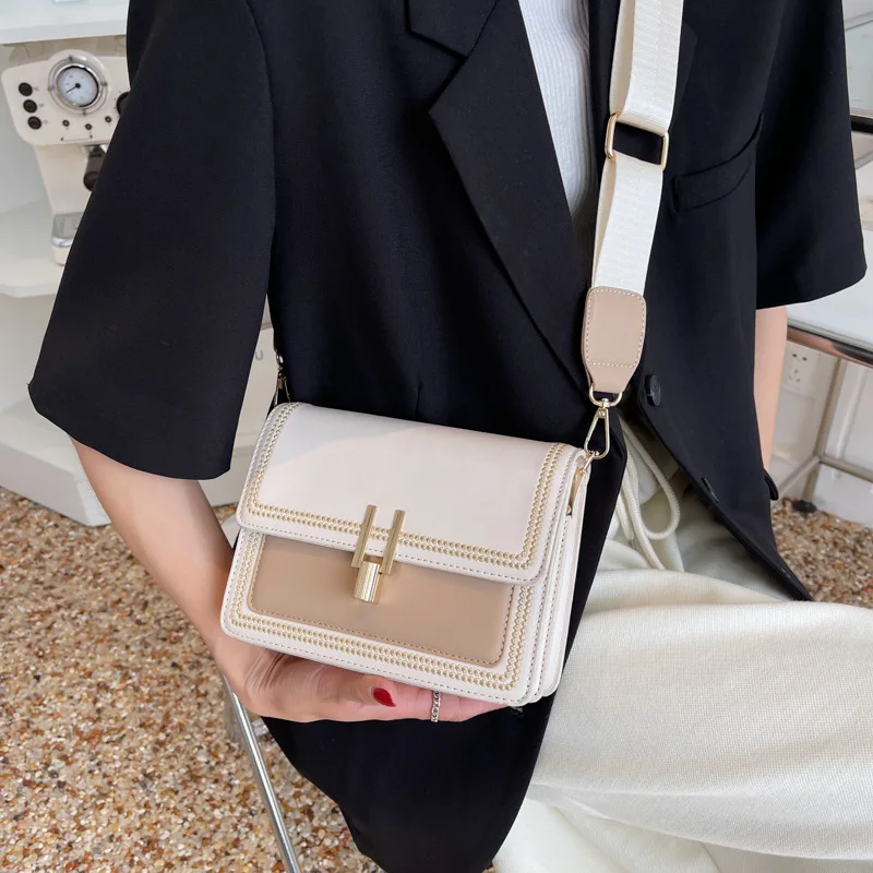 NEW Wide Strap Crossbody Bag for Women Contrast Color PU Leather Messenger Bag Small Square Luxury Designer Female Shoulder Bag