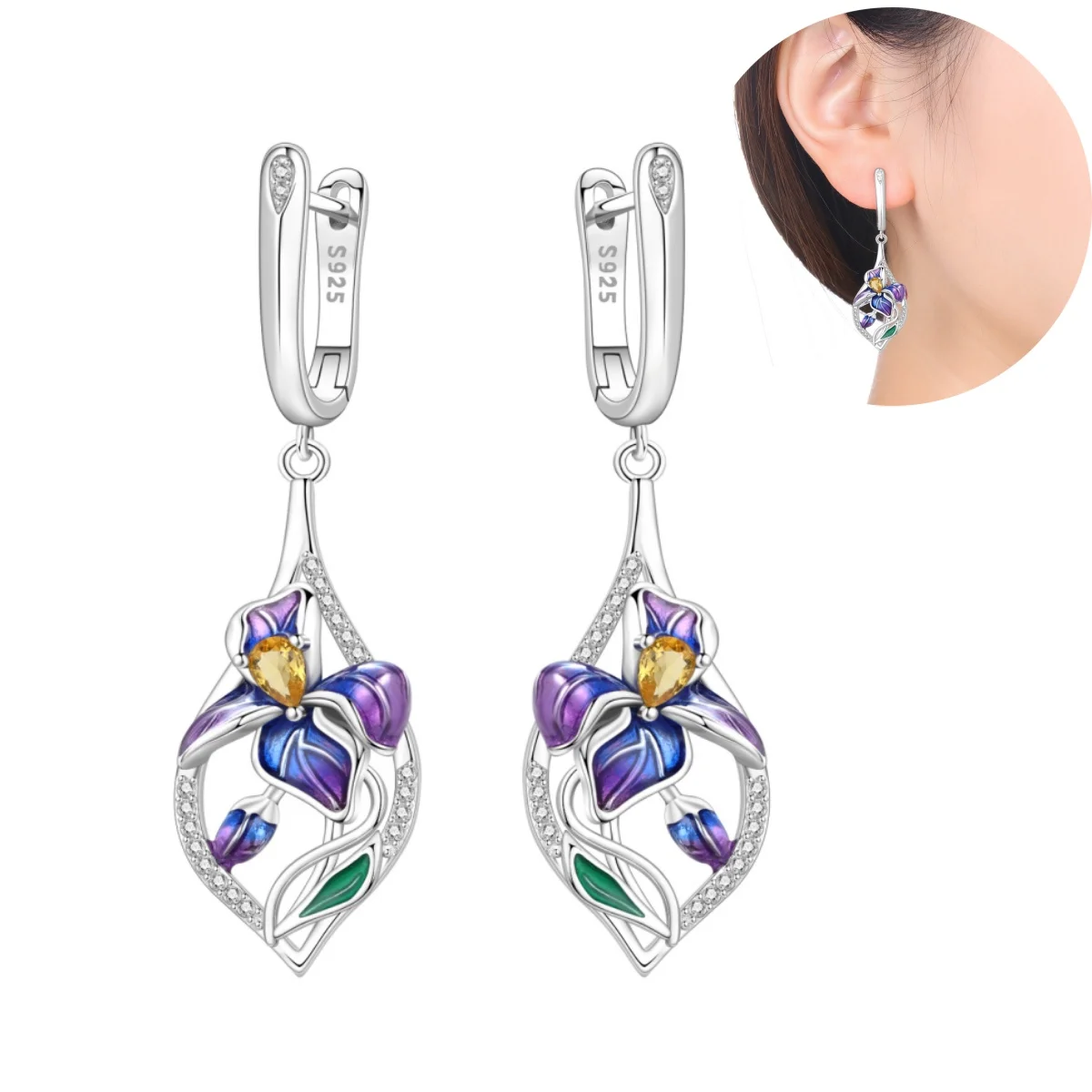 

Orstarry 925 Sterling Silver Blue Purple Iris Flower Drop Earrings Women Earrings Charm Trend Versatile Party Jewelry Gifts