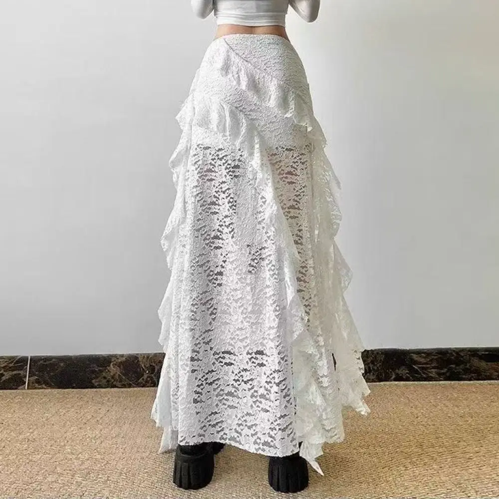 Mode A-Linie Damen Halbrock Unregelmäßig Sexy Maxikleid Spitzendesign Rüschen Minirock Sommer