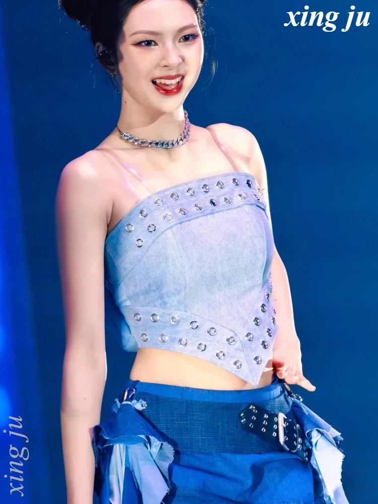 Women Singer Jazz Dance Costume Group Performance Blue Strapless Denim Short Tops Nightclub Stage Irregular Skirt Kpop Outfits