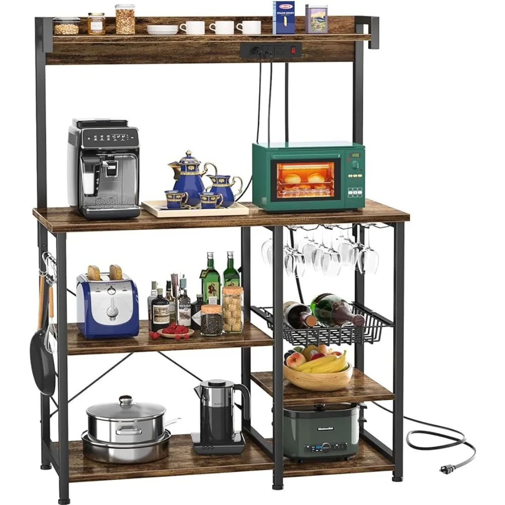 Topfurny Bakers Rack with Power Outlet, Microwave Stand, Kitchen Storage Shelf with Wire Basket