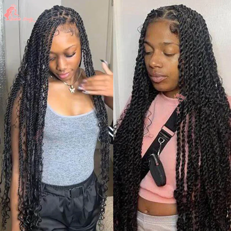 Long 32“ Synthetic Full Lace Wigs Bohemian Twist Box Braided Wigs Lace Front Wig Cornrow Knotless Braids Wig For Black Women