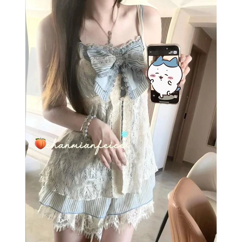 الحلو لوليتا السباغيتي فستان بحزام المرأة الصيف الدانتيل Pacthwork القوس فستان Harajuku Y2K Preppy نمط فساتين حفلات صغيرة