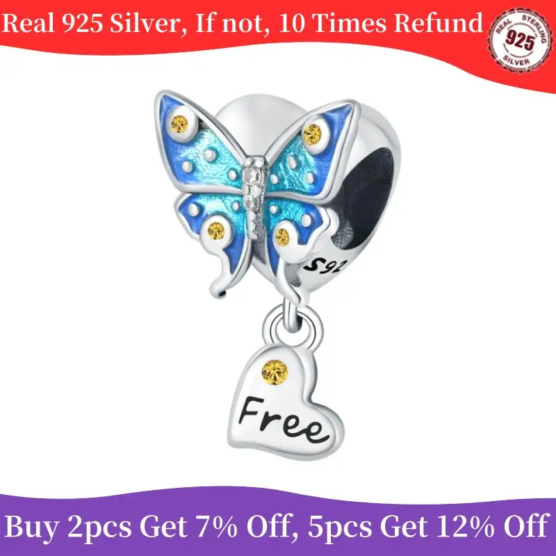 Original 100% 925 Sterling Silver Bead Blue Butterfly Free Word Plate Pendant Charms Fit Pandora Bracelets Women Diy Jewelry