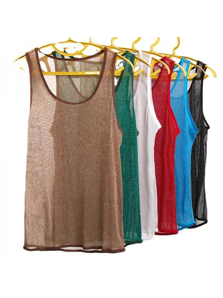 Siatkowa koszulka treningowa dla mężczyzn See Through Shine Design Fitness Tank Vest Enhances Muscle Crop Top Look Sleeveless and Round Neck — zdjęcie 2