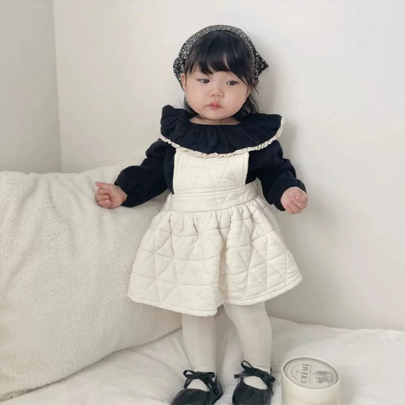 Baby Suspender Dress Outing Clothes 2024 Autumn and Winter Clothing Korean Girls Turn-down Collar Shirt Solid Suspender Dress