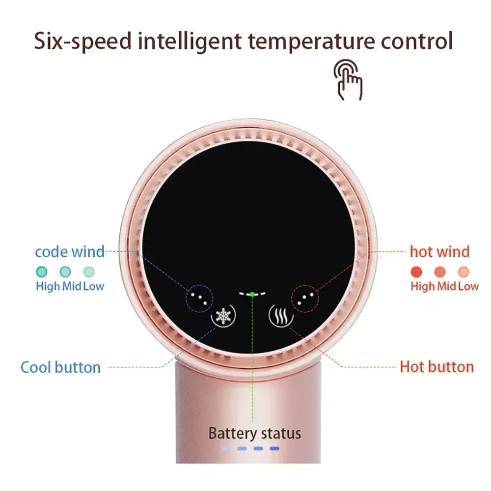 مجفف شعر لاسلكي احترافي، تحكم بشاشة تعمل باللمس، محمول للسفر/المنزلية بقدرة 15000 مللي أمبير في الساعة 300 وات، هواء ساخن وبارد، رياح قوية