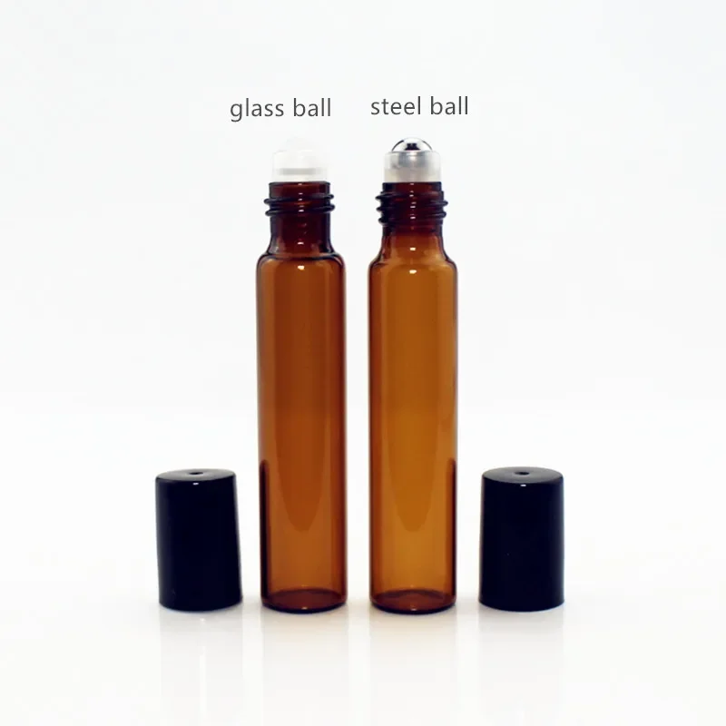 100Pieces/lot 10ML Thin Glass Essential Oil Bottles Roll on Perfume Bottle Mini Amber Glass / Metal Ball Roller Vials