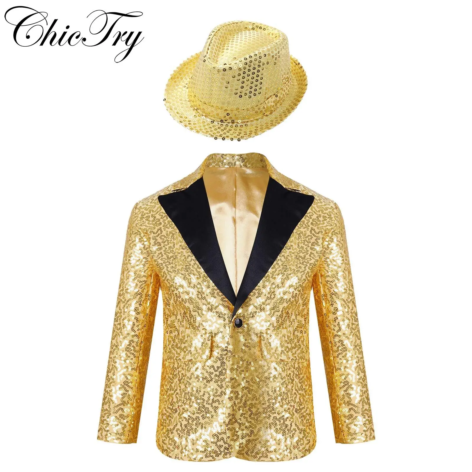 Kids Boys Shiny Sequins Lapel Jacket Coat Glitter Blazer Tuxedo Banquet Dance Wedding Party Modern Jazz Latin Stage Costumes