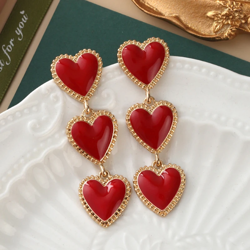 French Romantic Wine Red Enamel Heart shaped Pendant Earrings 2023 Fashion Jewelry For Women's Design Sense Eardrop Accessories