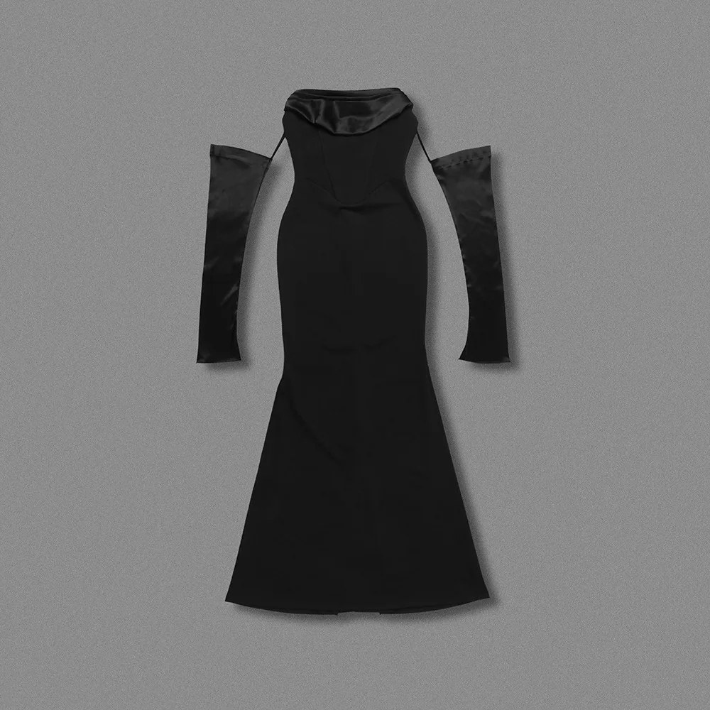 Nero sexy senza spalline con guanti Abiti da sera 2025 Autunno a vita alta Abito da festa Moda Celebrity Club Abiti da ballo