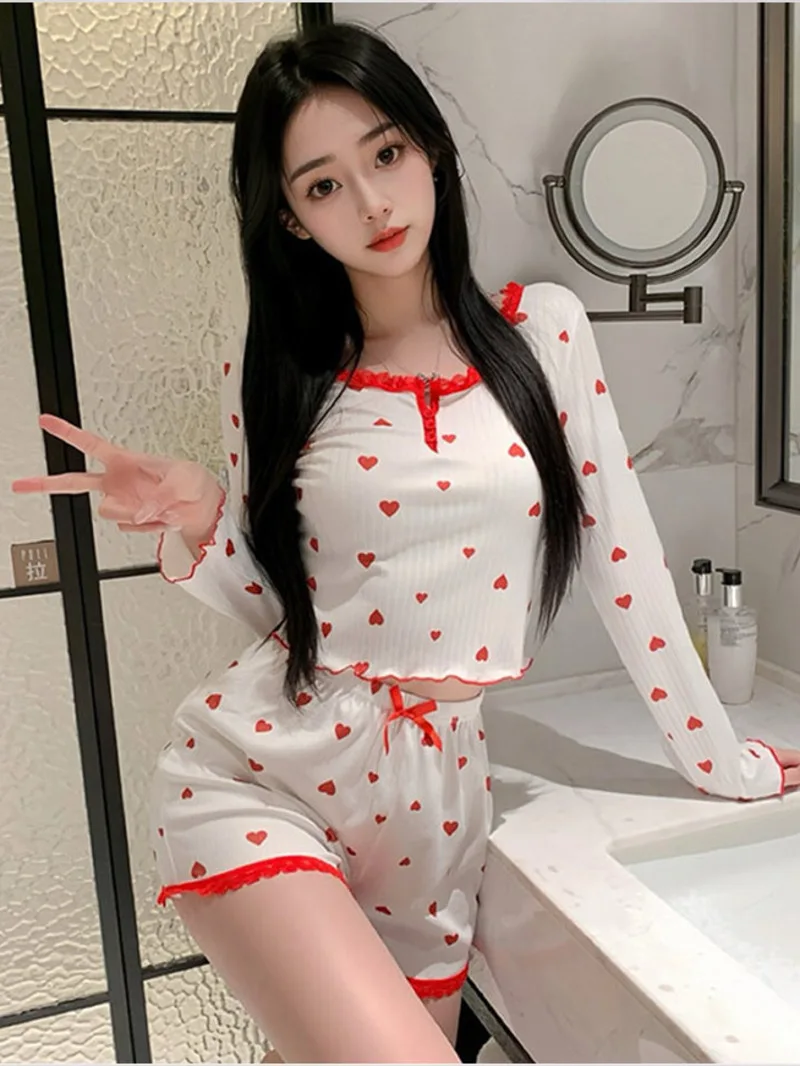 

Fashion Sexy Women Shorts Set 2025 New Tops Tees New Heart Print Pattern Bowknot Long Sleeve Homewear Casual Set Pajama Set E897