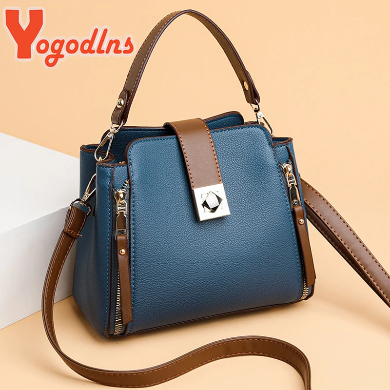 Yogodlns Luxury Splicing Handbag For Women PU Leather Bucket Shuolder Bag Fashion Handle Bag Brand Shopping Mommy Crossbody  Bag