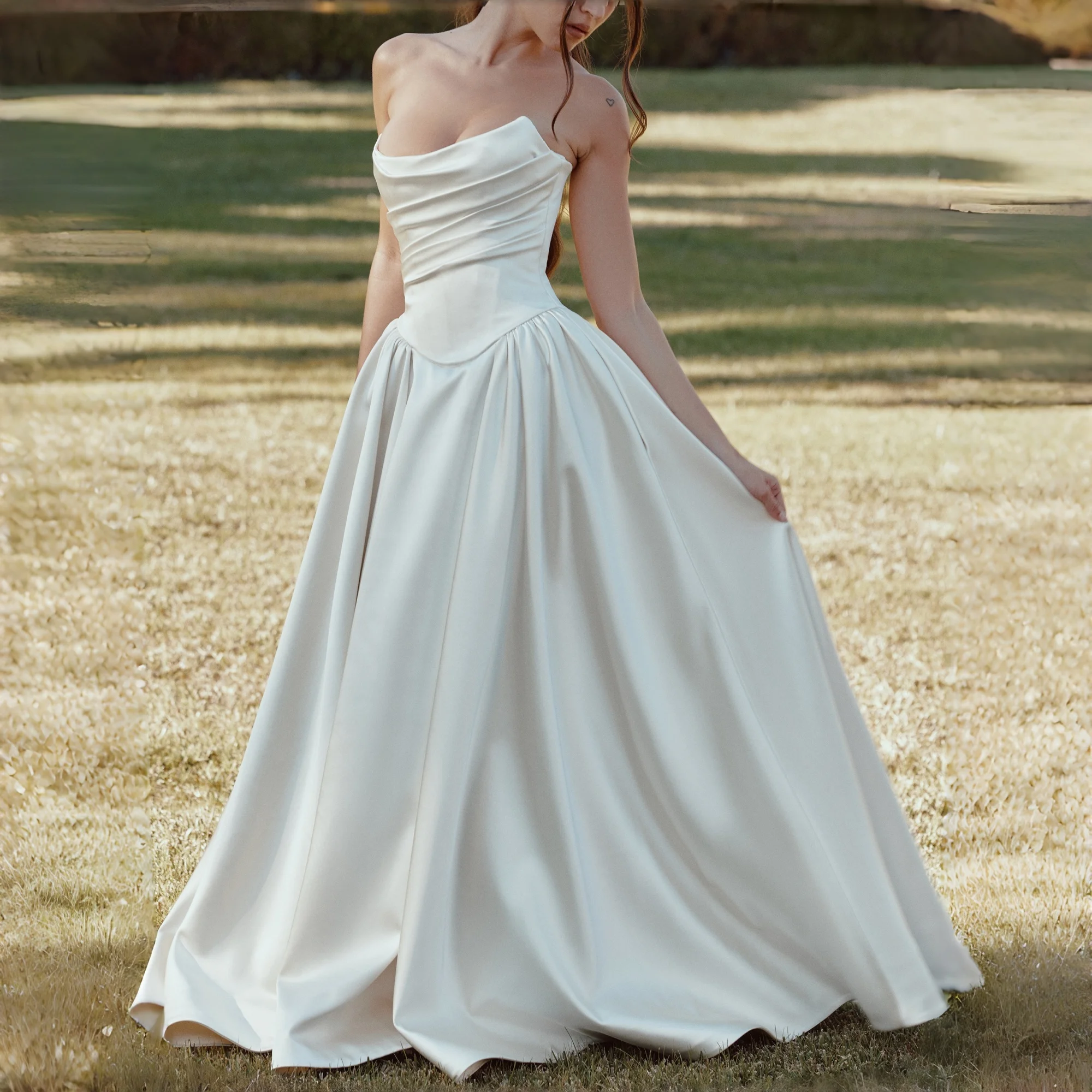 Strapless Cowl Neck Maxi Wedding Dress Ruched Fitted Corset Bodice Voluminous A-Line Skirt Formal Bridal Evening Party Gown