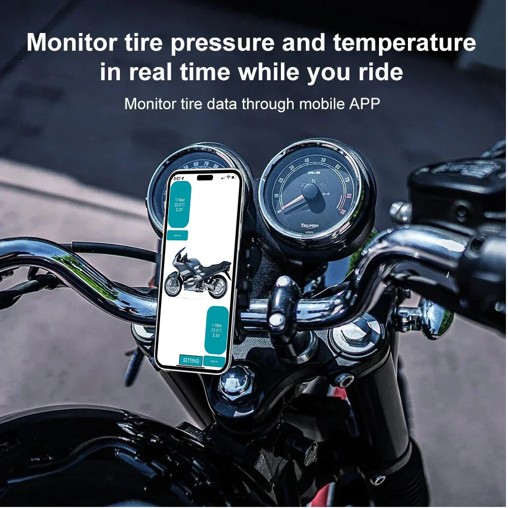 Moto TPMS Bluetooth5.0 sistema di monitoraggio della pressione dei pneumatici Wireless IP67 impermeabile con 2 sensori esterni supporto Android/IOS