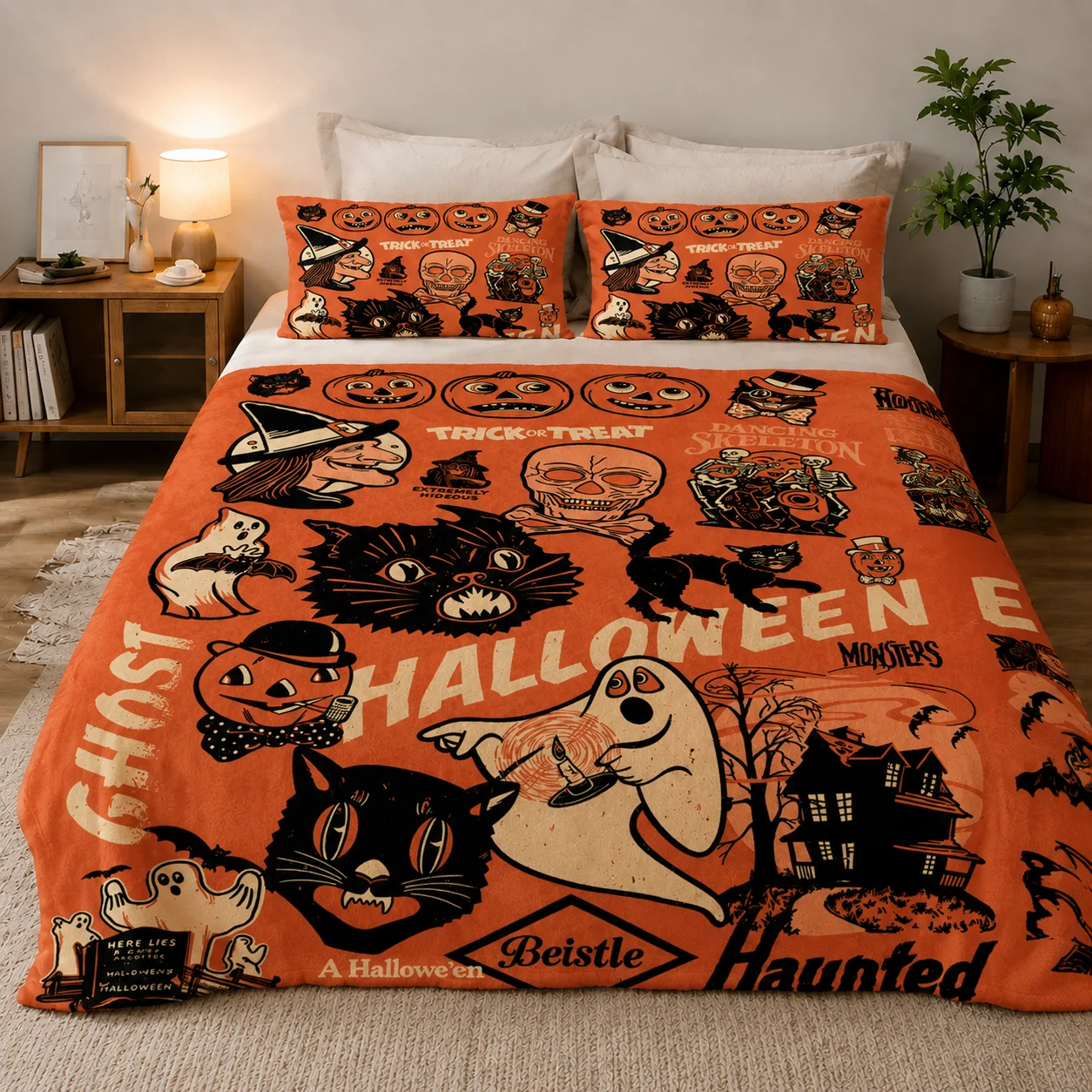 Vintage Halloween Flannel Blanket 3 Piece Set with 2 Pillow Covers, Retro Ghost Black Cat Witch Skull Pumpkin Haunted House Throw Blanket Bedding for Bedroom Bed Sofa Halloween Decor