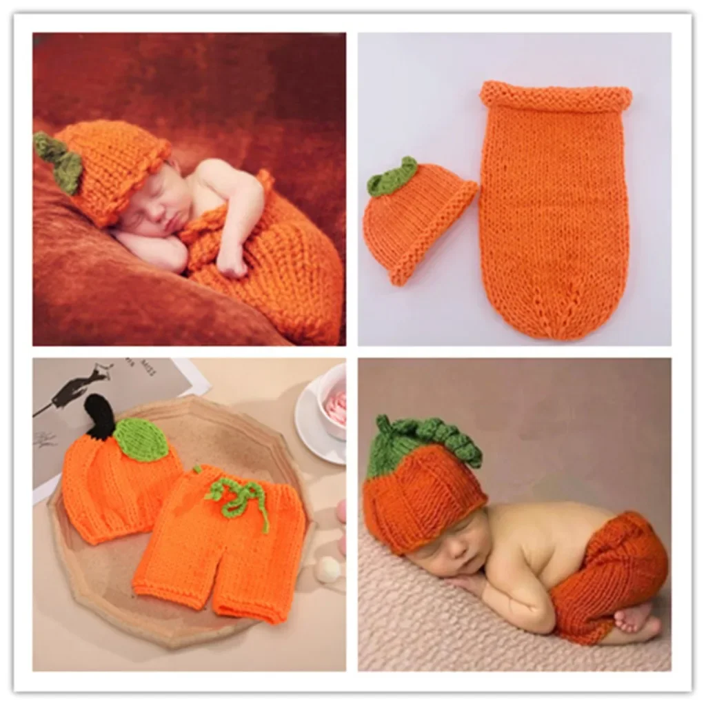 

Newborn Photography Props Crochet Knit Costume Prop Outfits Baby Pumpkin halloween Hat Photo Props Baby Photoshoot Outfits