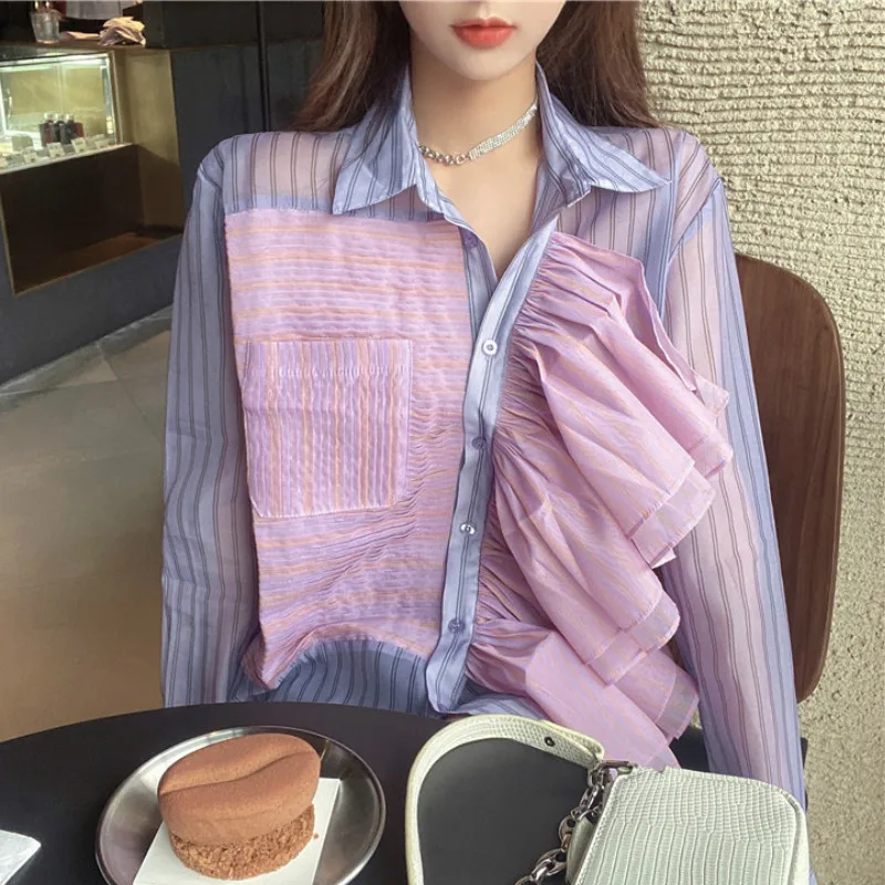 Fairy Long-sleeved Chiffon Shirts Ruffles Blouses Female Autumn Loose Pleated Single-breasted Lotus Cardigan Crop Blusas Mujer