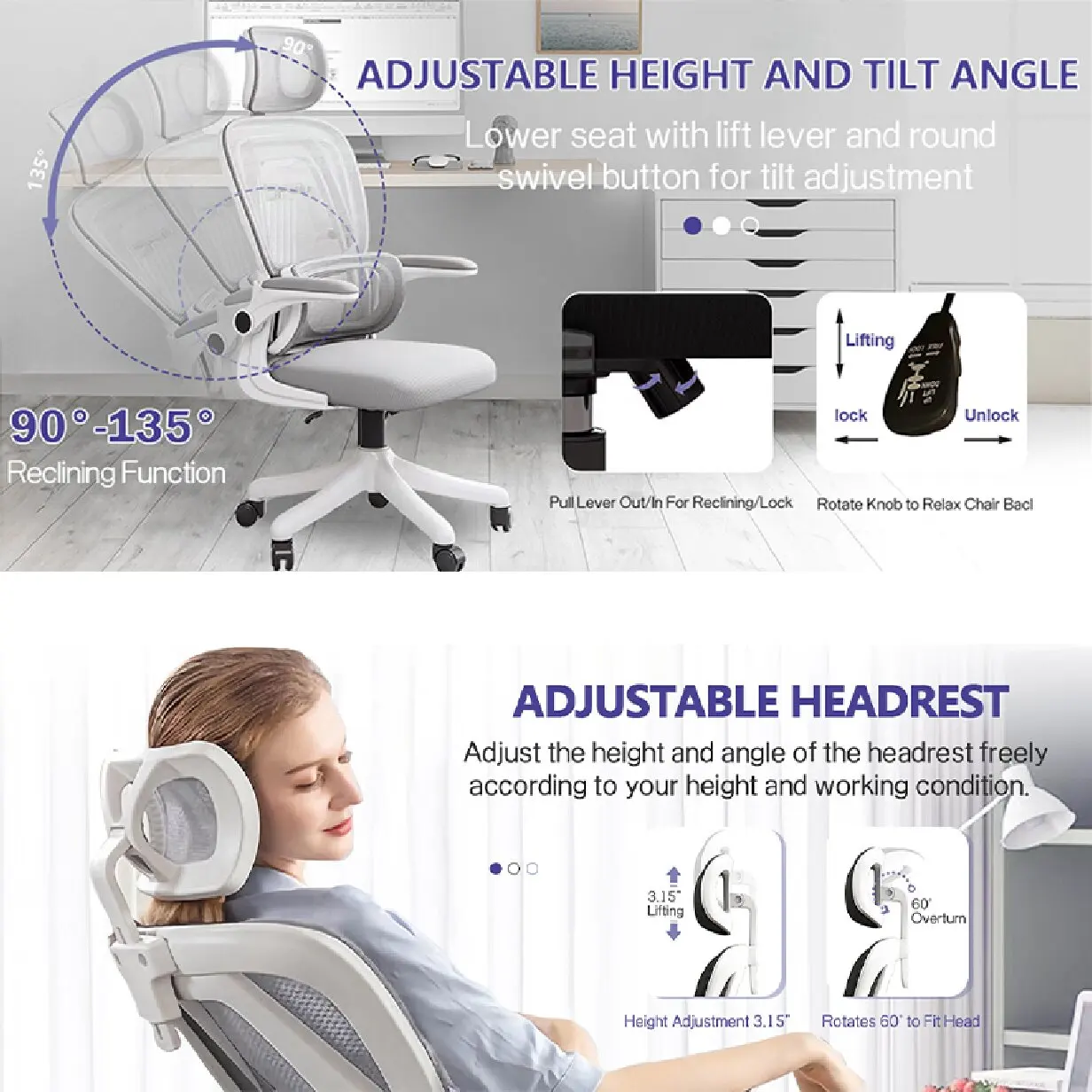Ergonomic Office Chair Comfort Home Desk Chair Adjustable High Back Mesh Chair Lumbar Support Computer Chair with Flip-Up Arms image 5